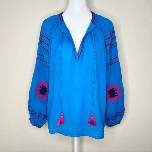 Anthro Maeve Blue & Pink Runaway Boho Southwestern Embroidered Peasant Top XS - Picture 5 of 16